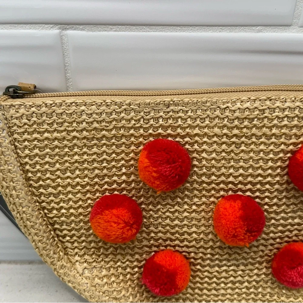 Brand New Ulta Beauty Wooven Half Moon Bag With Pink & Orange Pom Poms